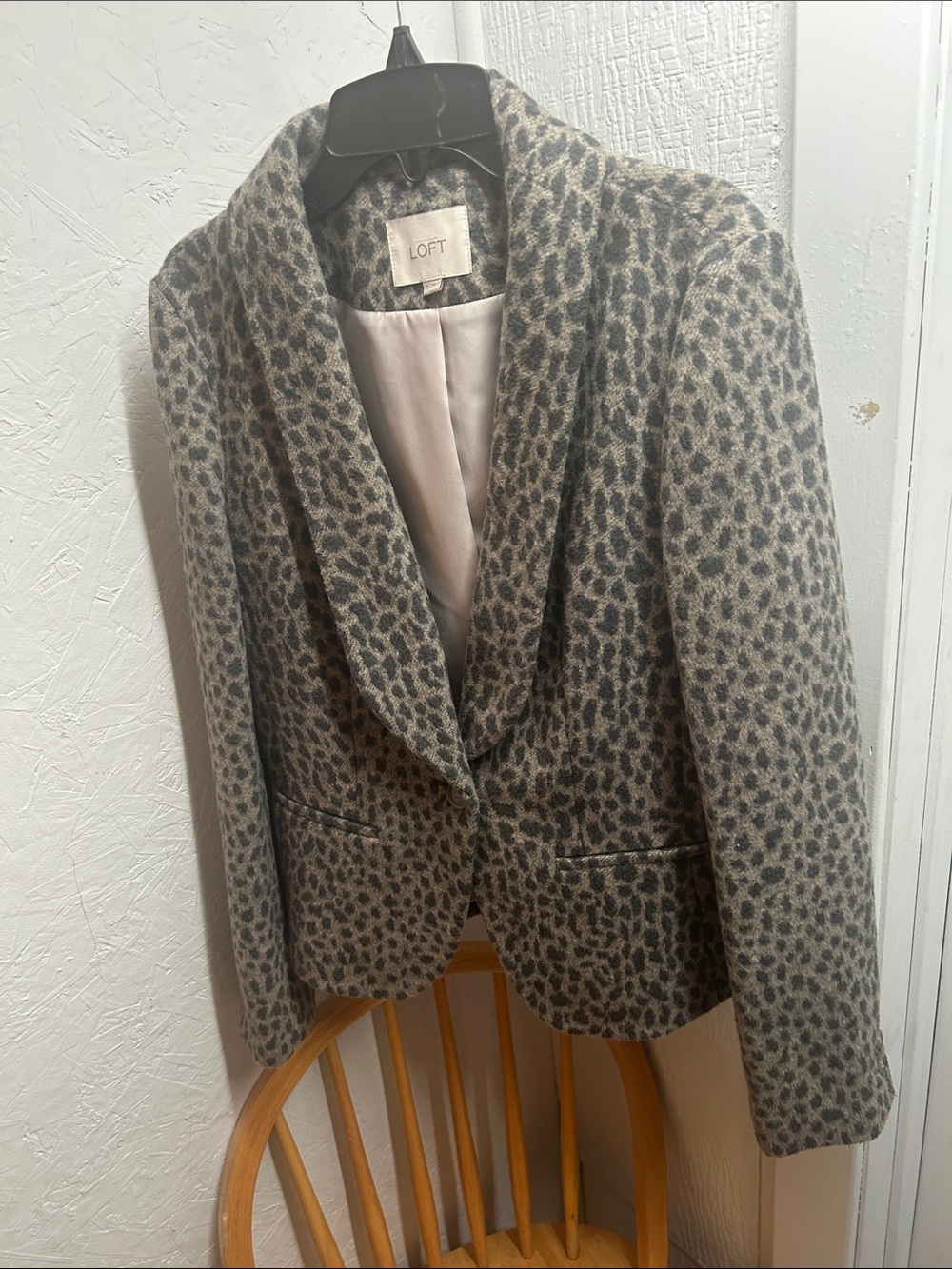 LOFT Gray Leopard-Print Shawl Collar Blazer